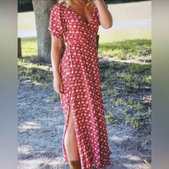 NATURAL LIFE Dresses & Skirts - Natural Life Boho Red Ditsy Flower Sophia Wrap Maxi Dress Hippie Medium Prairie